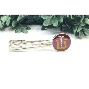 Vintage tie clip silver tone wine colored screw U logo 2.5" length